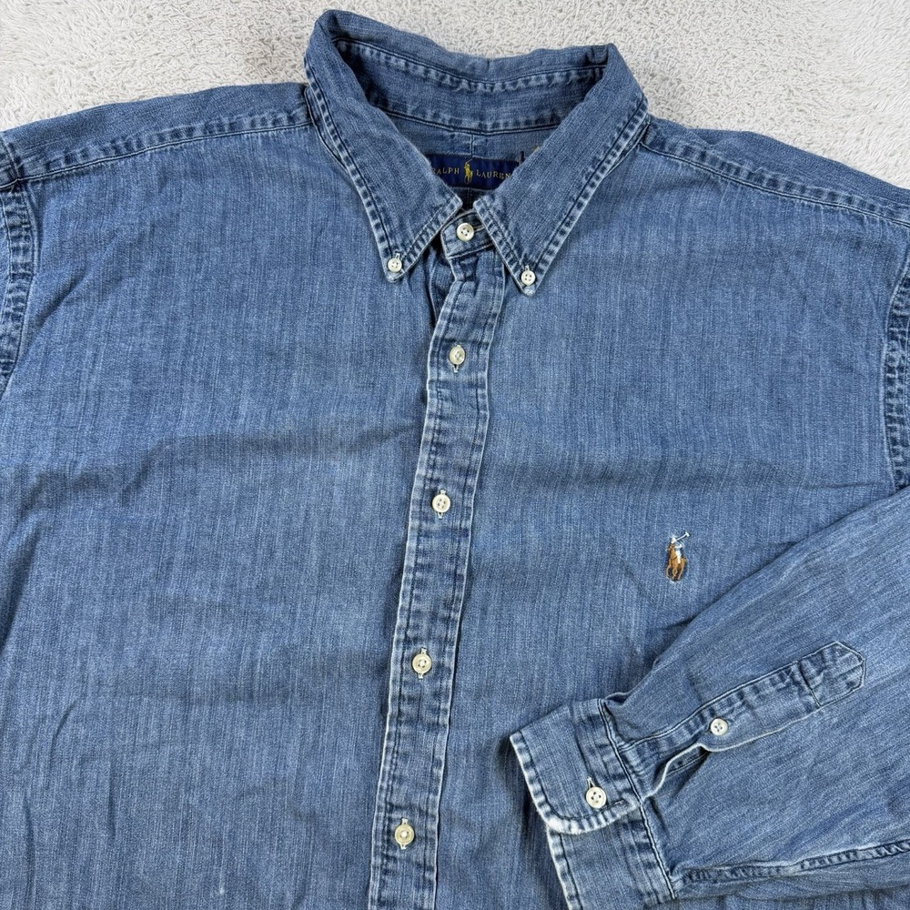 Polo Ralph Lauren Shirt Mens 3XLT Blue Denim Long Sleeve Button Down Flesh Pony